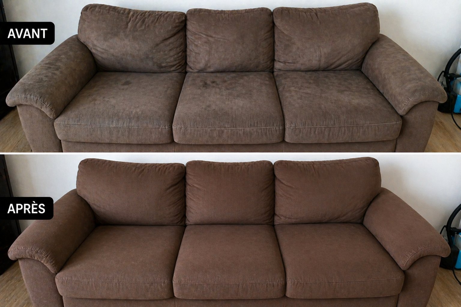 Nettoyage canapé tissu marron Bordeaux avant après - Ménage-Toi 33